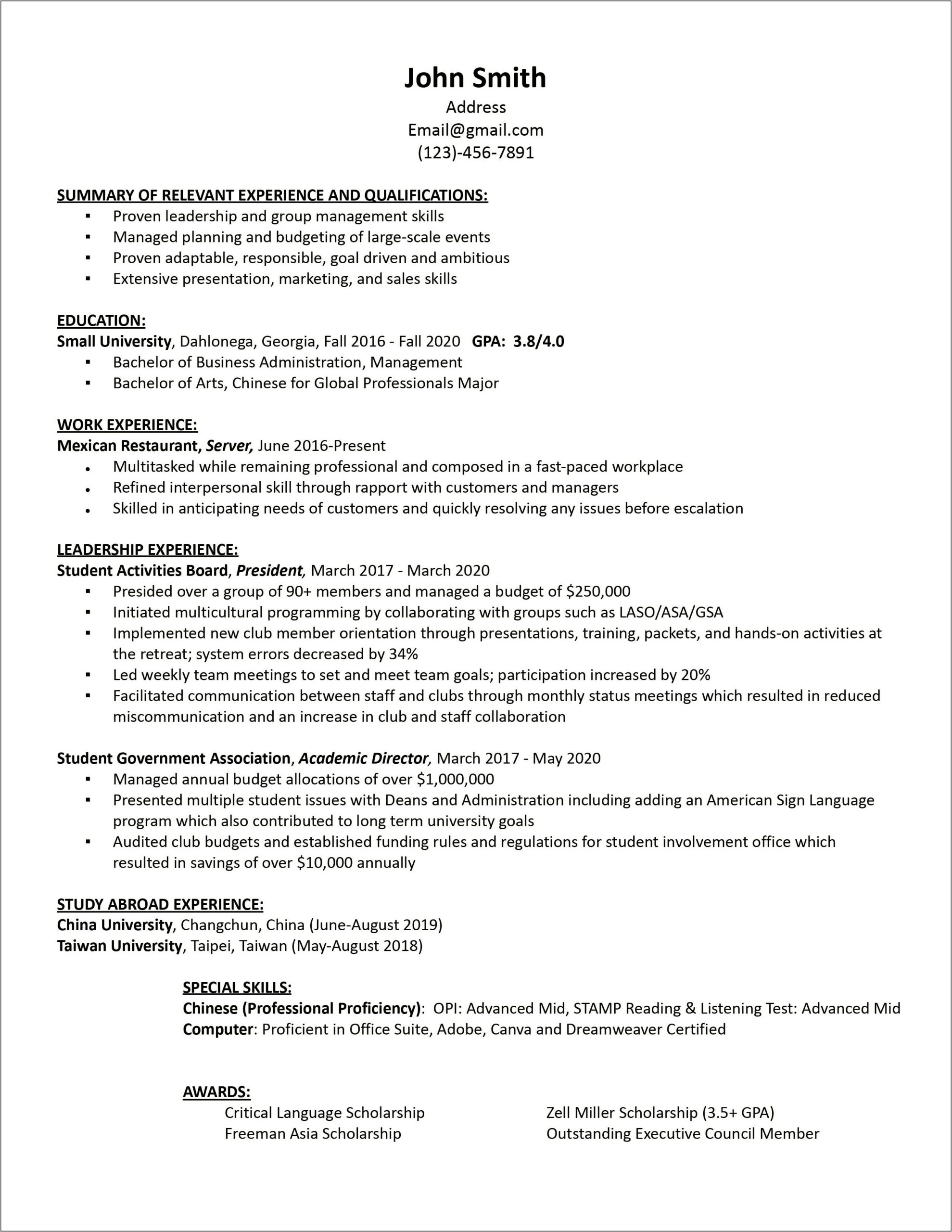Entry Level Government Job Resume