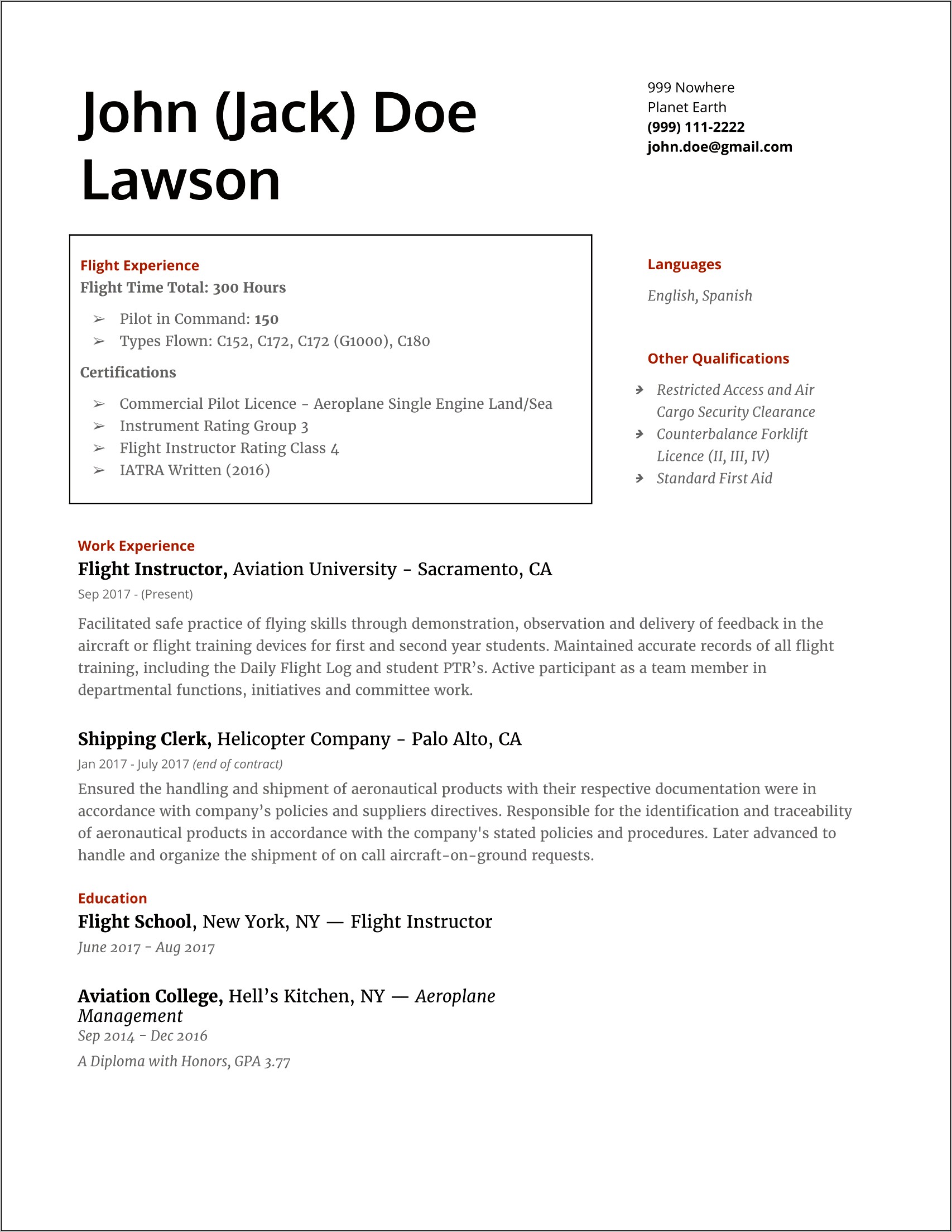 Entry Level Pilot Resume Examples