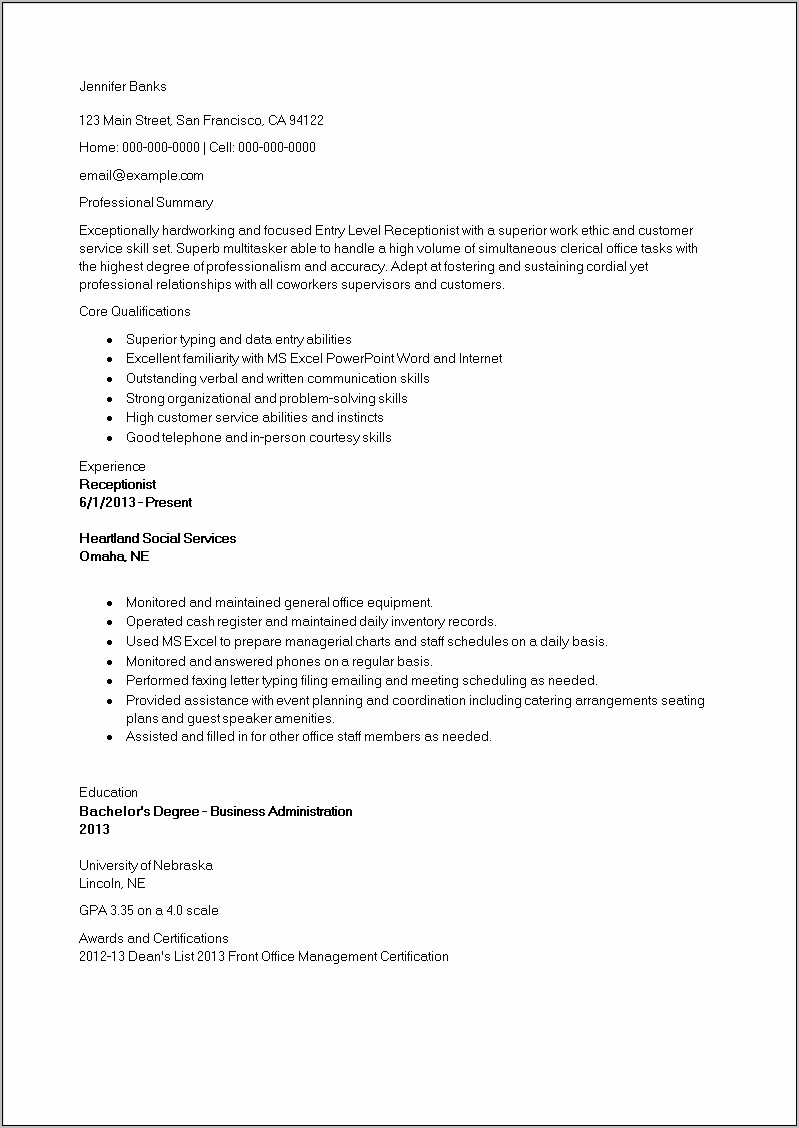 Entry Level Receptionist Resume Examples