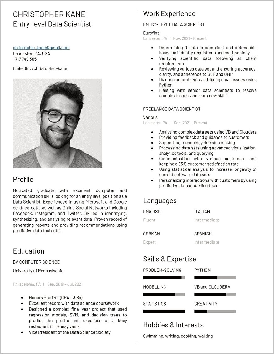 Entry Level Science Resume Sample