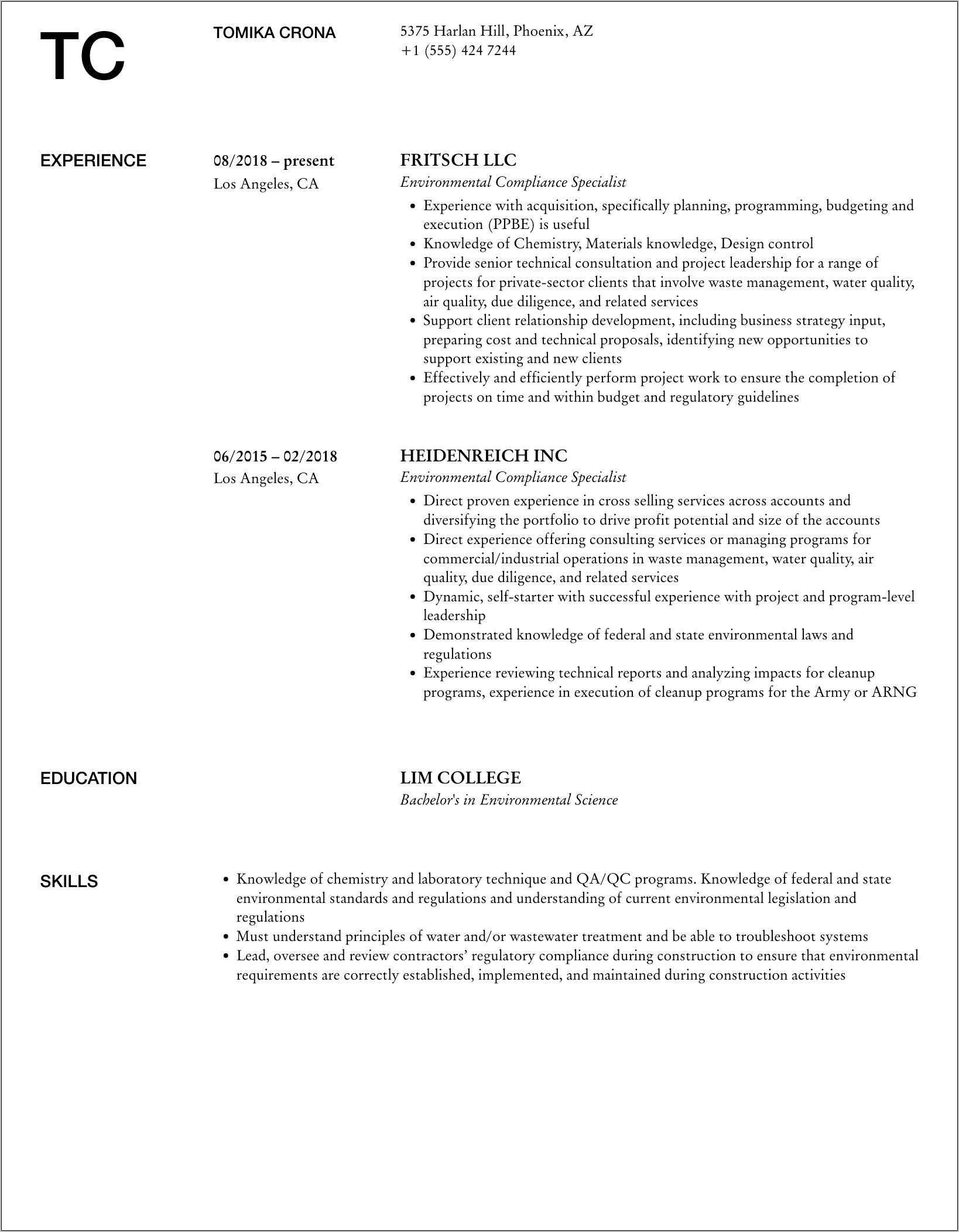 Environmental Compliance Specialist Resume Sample