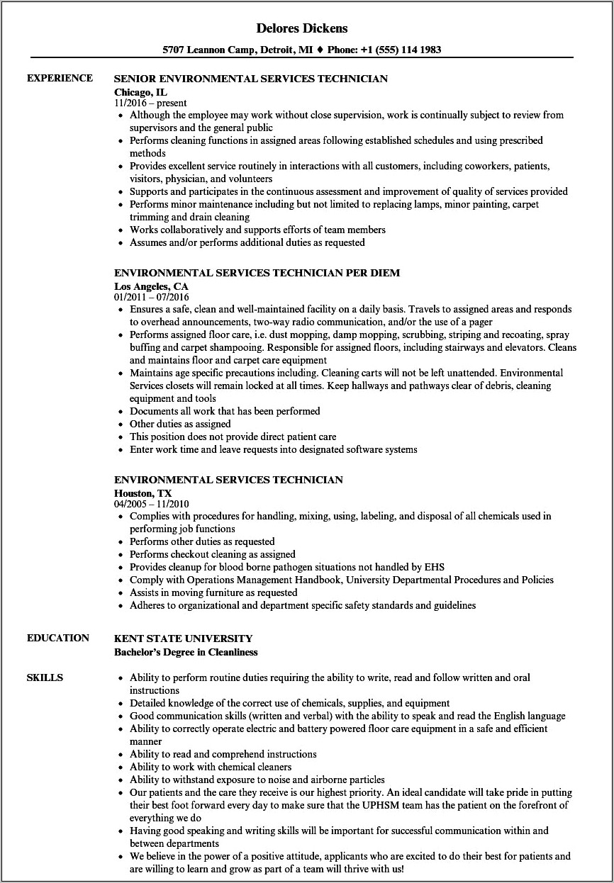 Environmental Services Job Description Resume