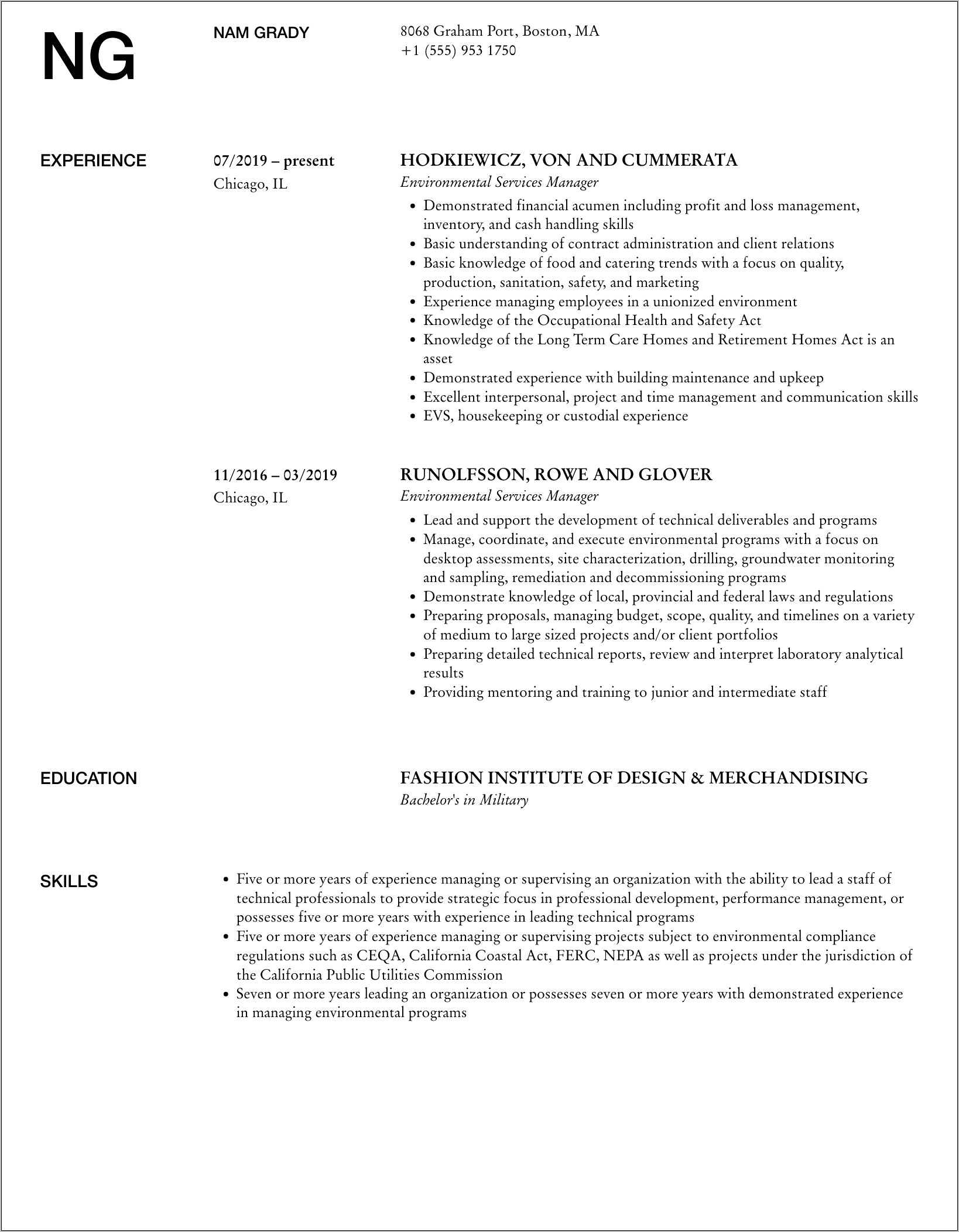 Environmental Services Operations Manager Resume