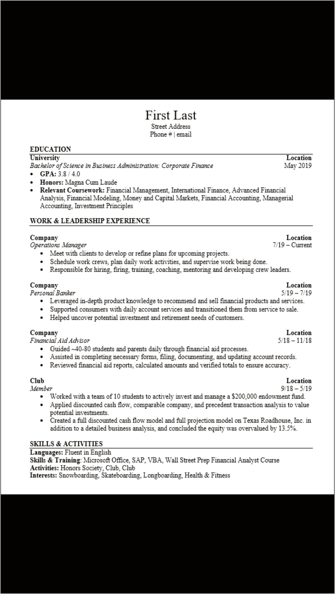Equity Capital Markets Sample Resume