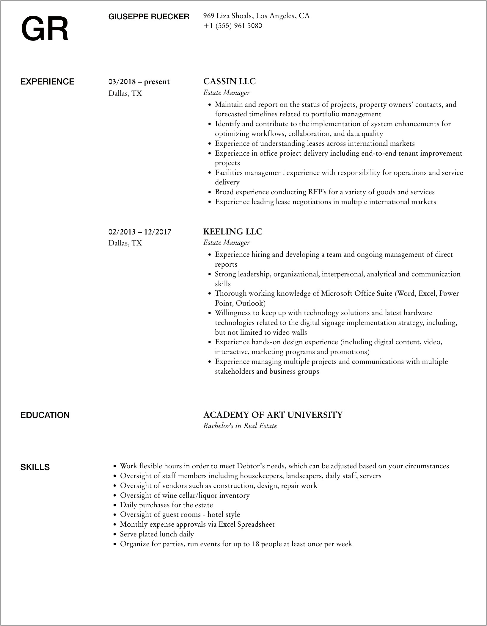 Estate Manager Job Description Resume