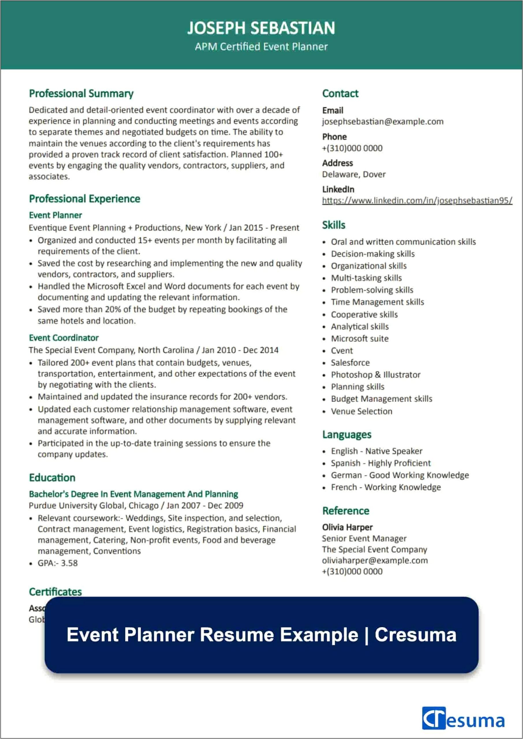 Event Planner Job Description Resume