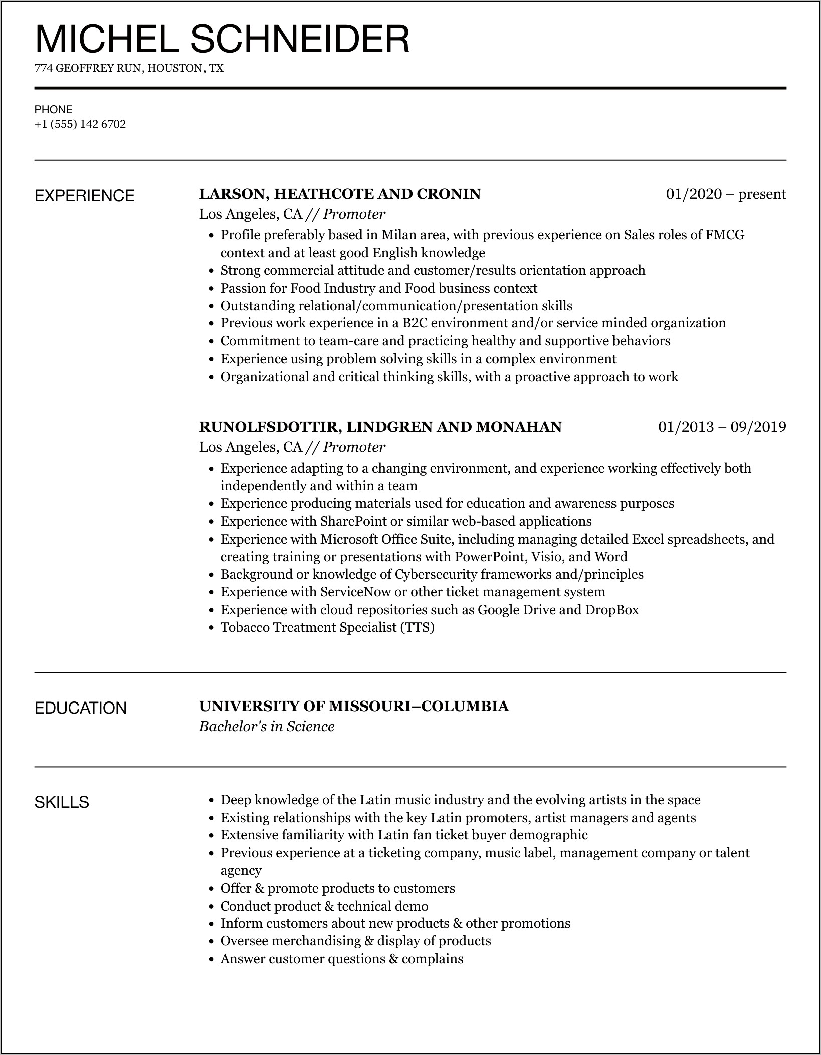 Event Promoter Job Description Resume