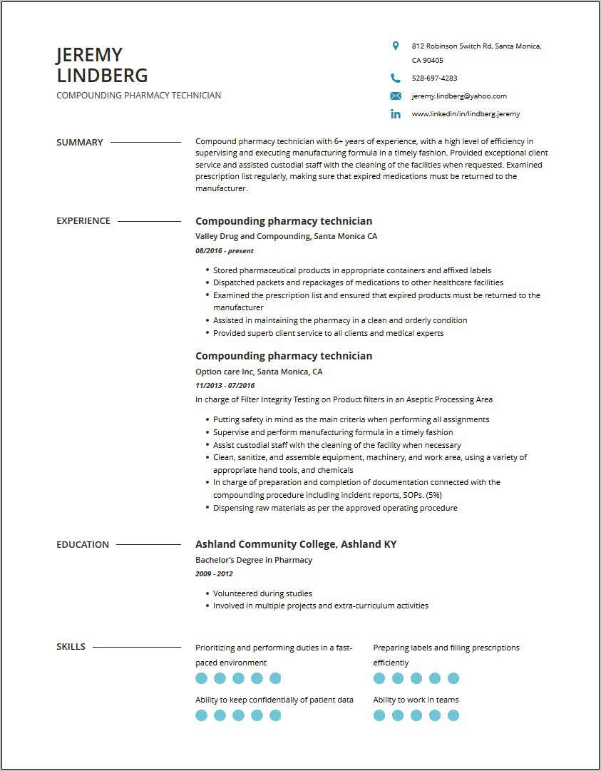 Example Compounding Pharmacy Technician Resume