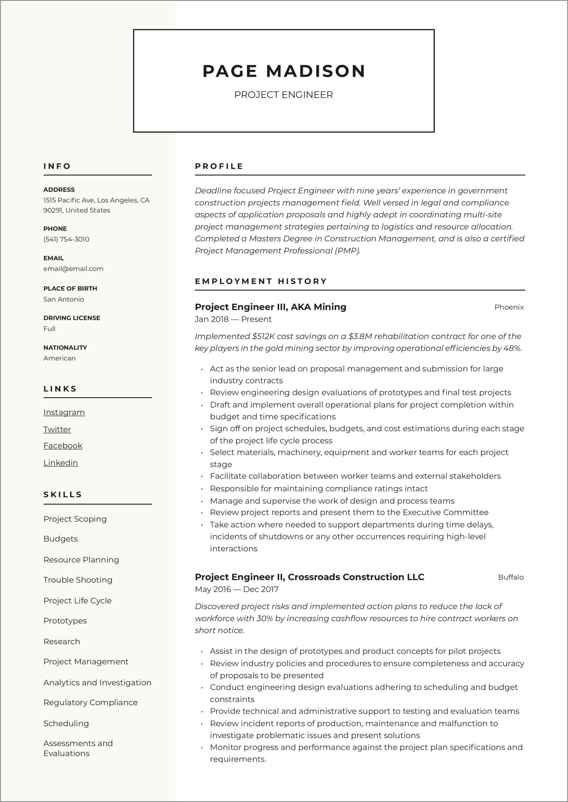 Example Construction Project Engineer Resume