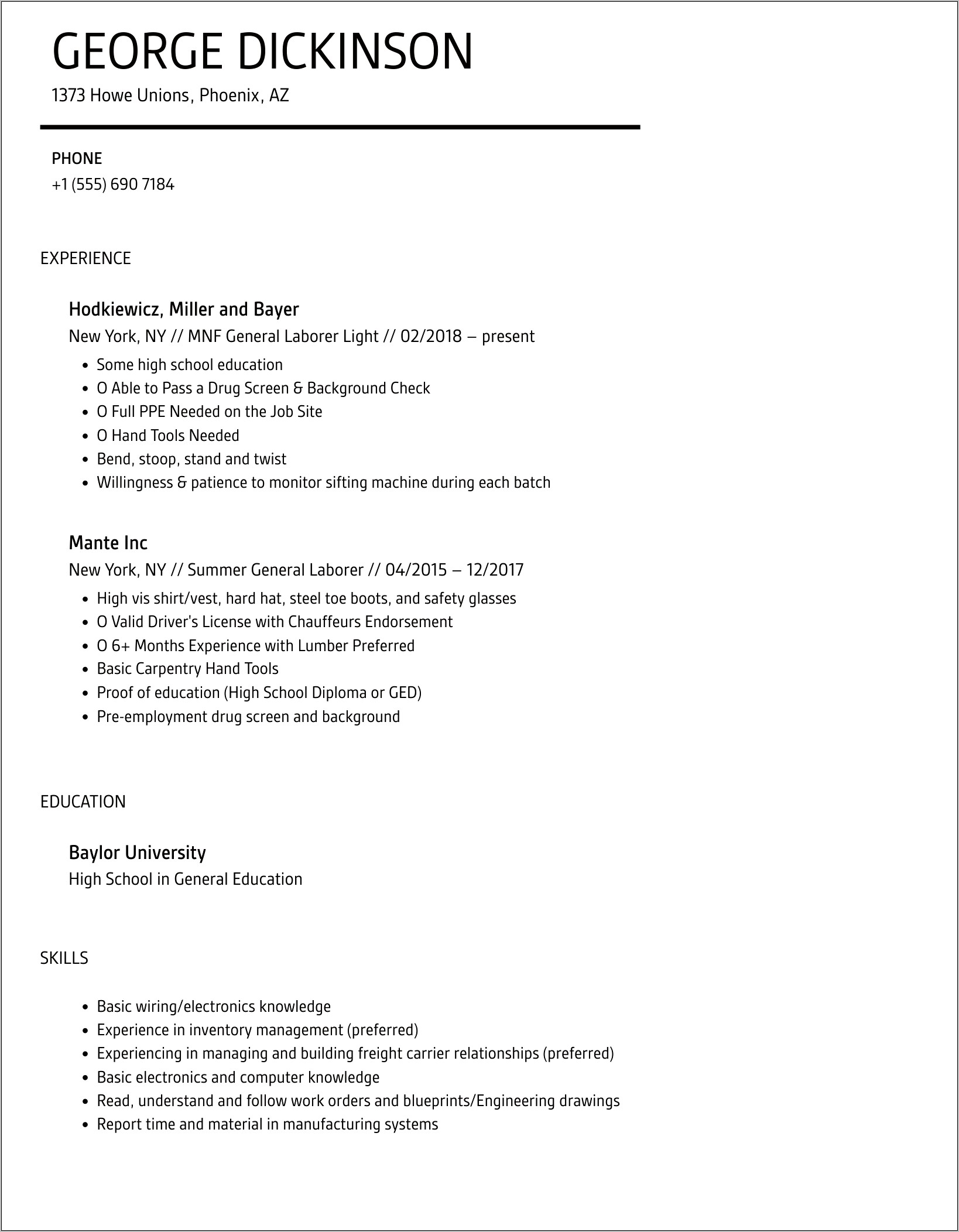 Example Day Freight Laborer Resume