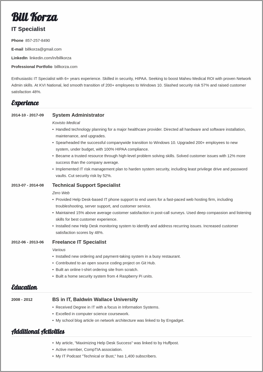 Example For Profile On Resume