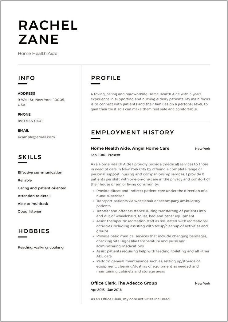Example Home Care Aide Resume