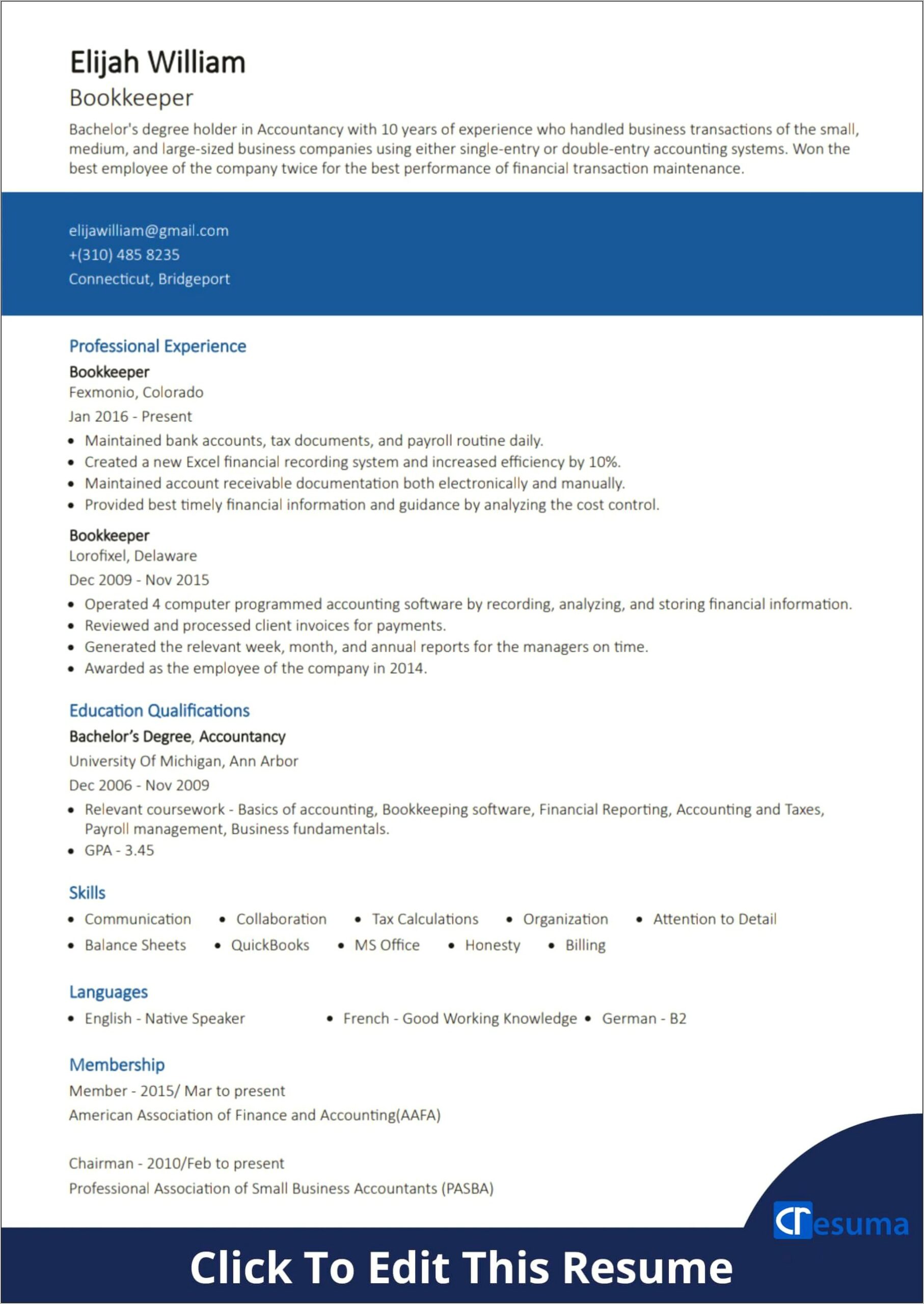 Example Of A Bookeeping Resume