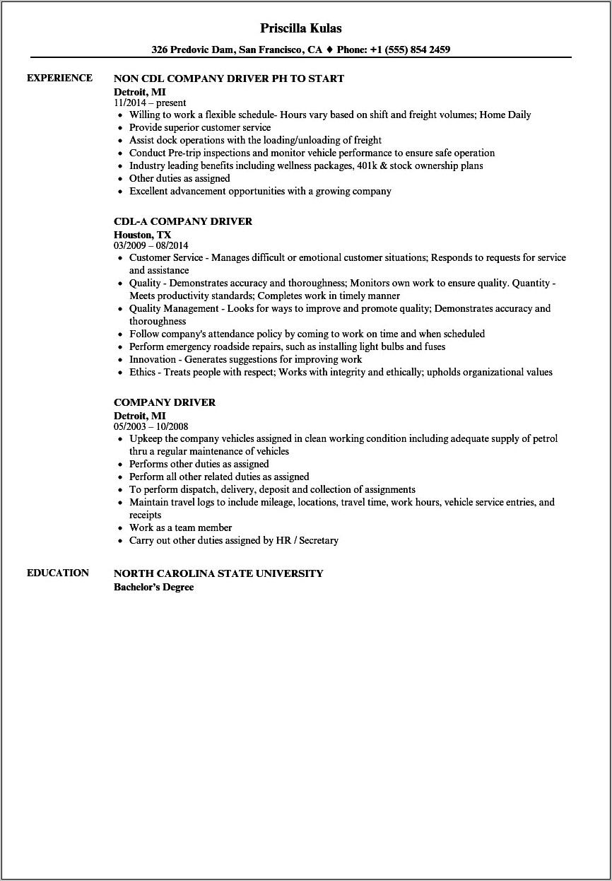 Example Of A Driver Resume