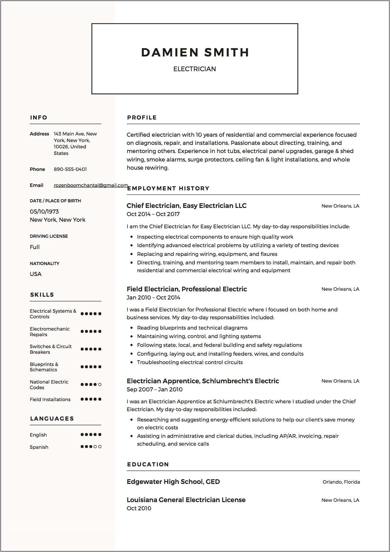 Example Of A Electrician Resume