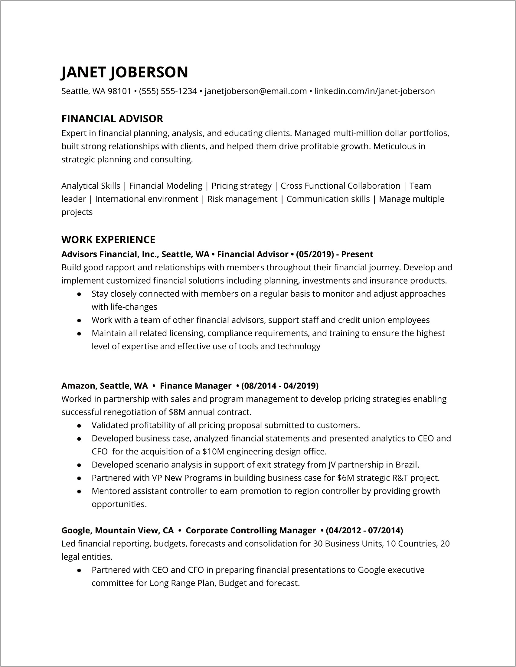 Example Of A Finance Resume
