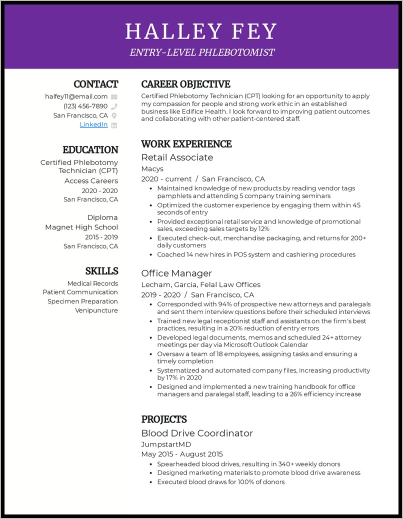 Example Of A Phlebotomist Resume