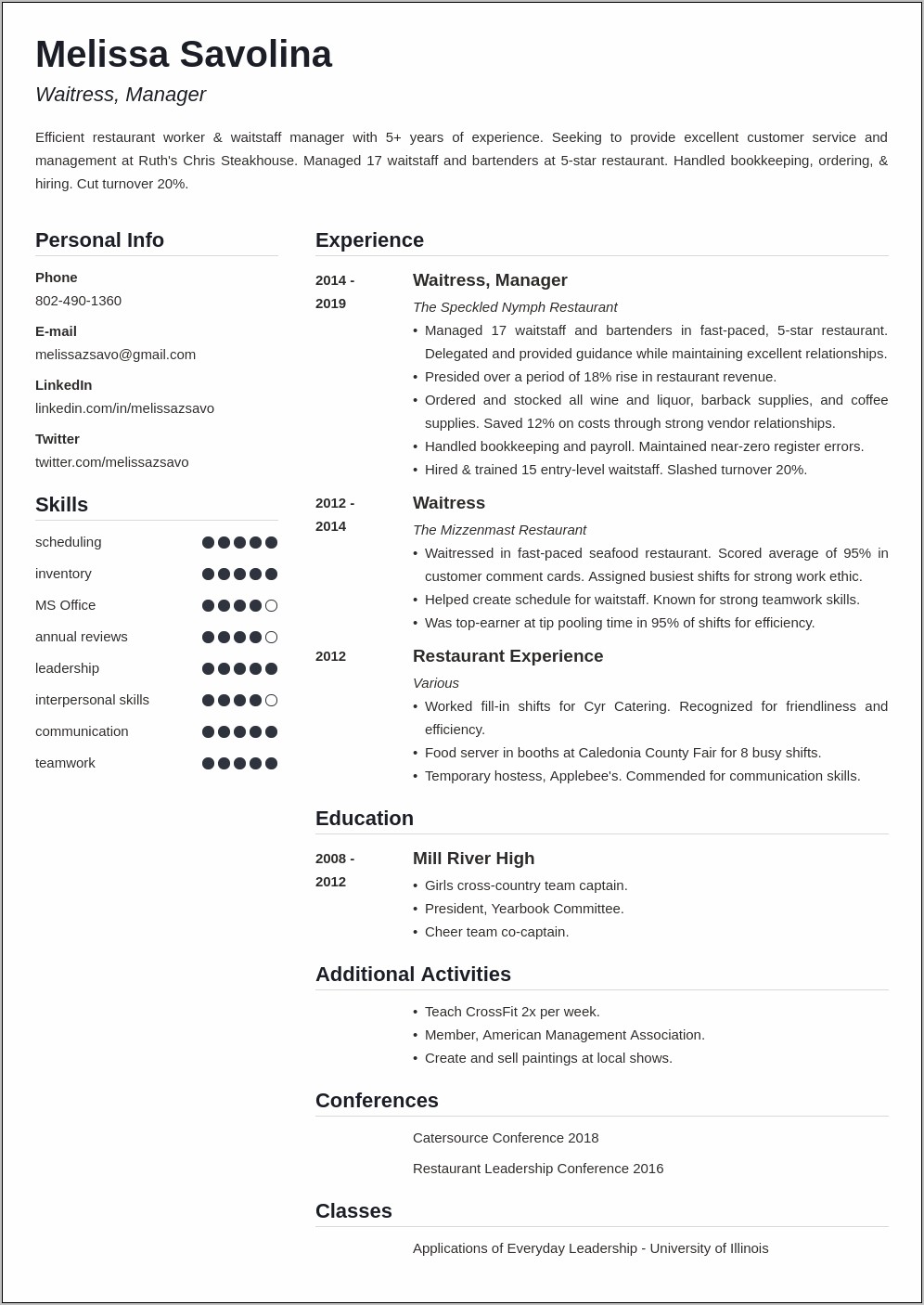 Example Of A Restaurant Resume