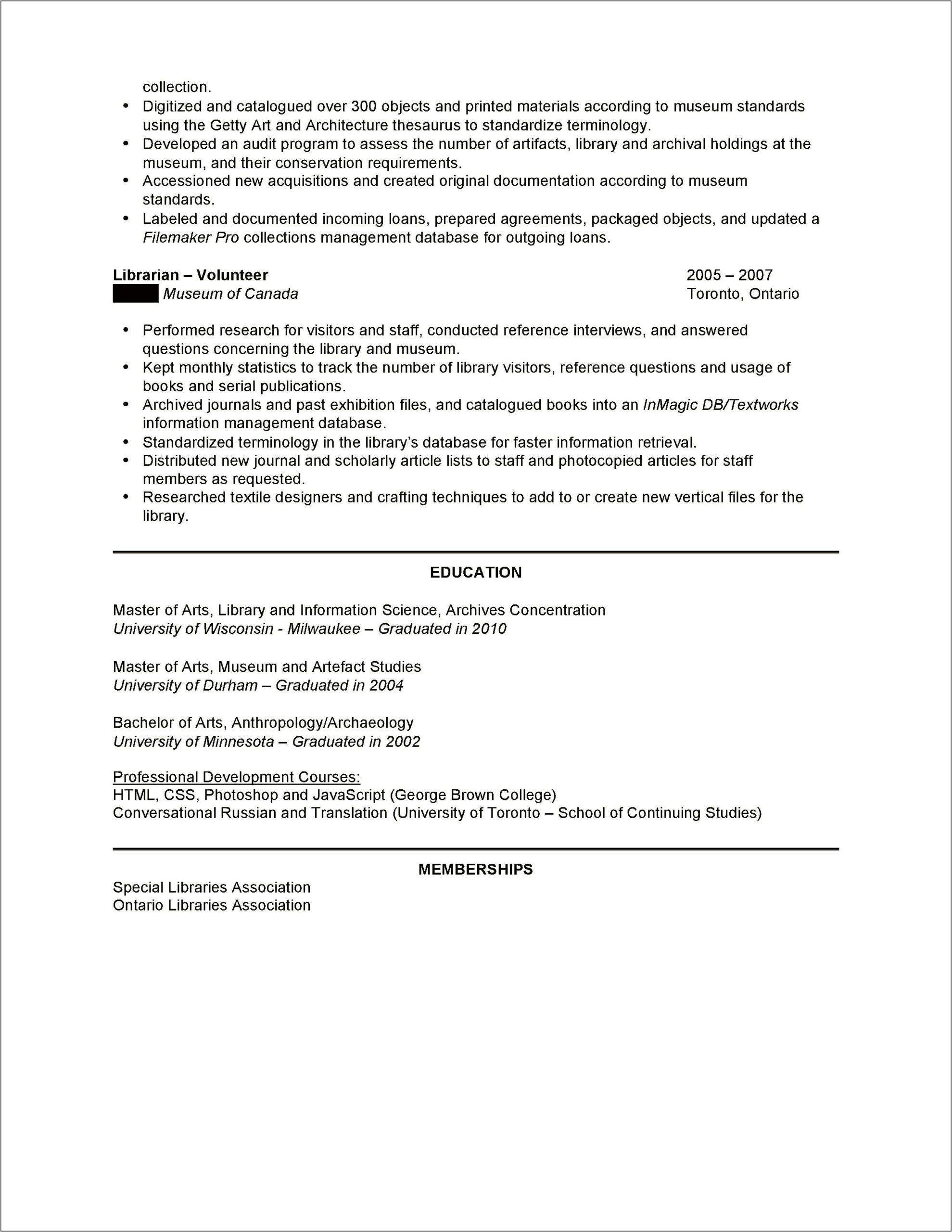 Example Of A Resume Librarian