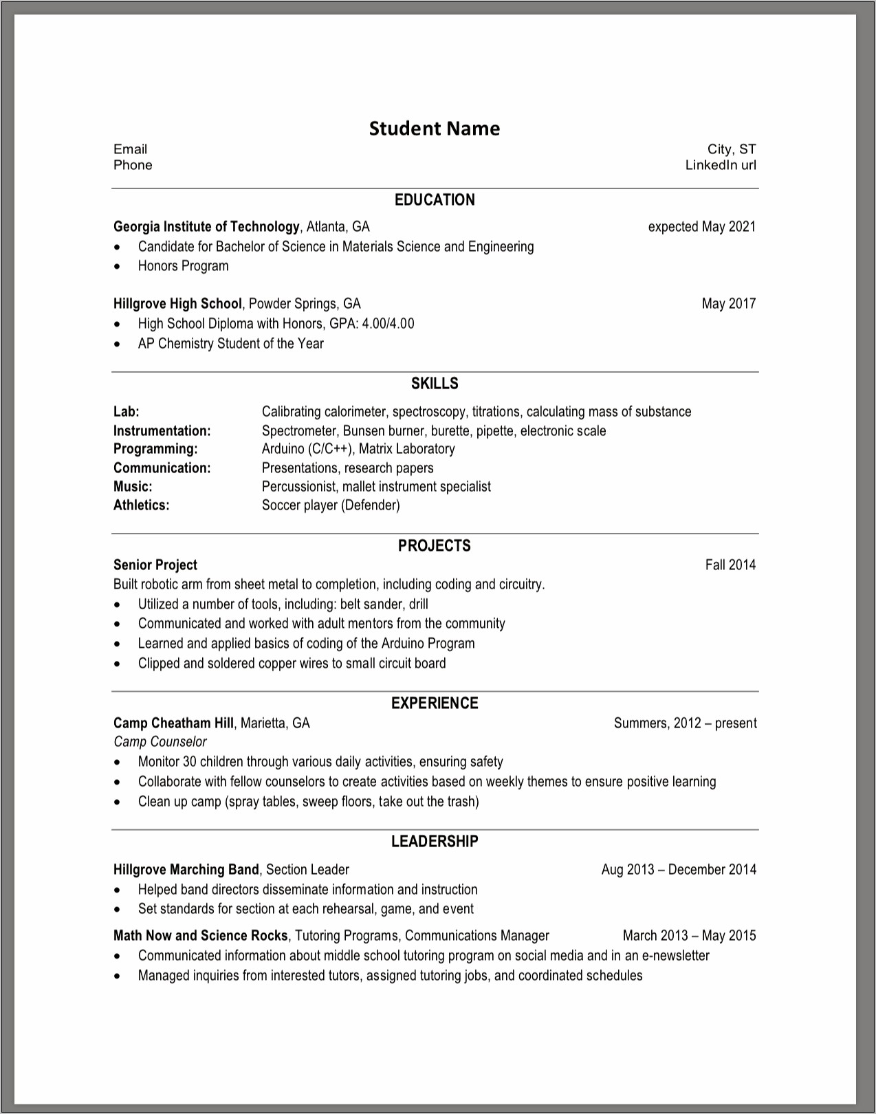 Example Of An Activites Resume