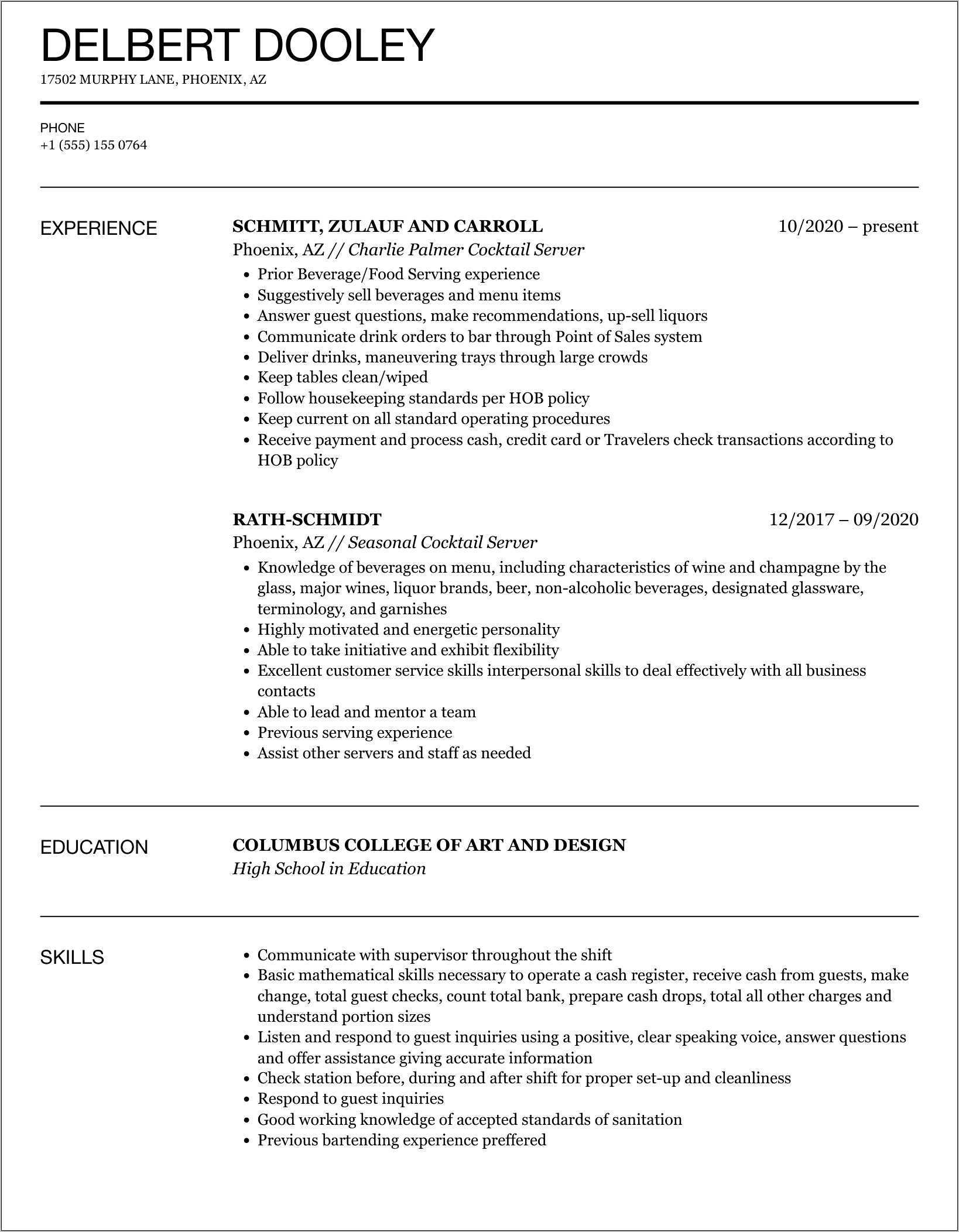 Example Of Cocktail Waitress Resume
