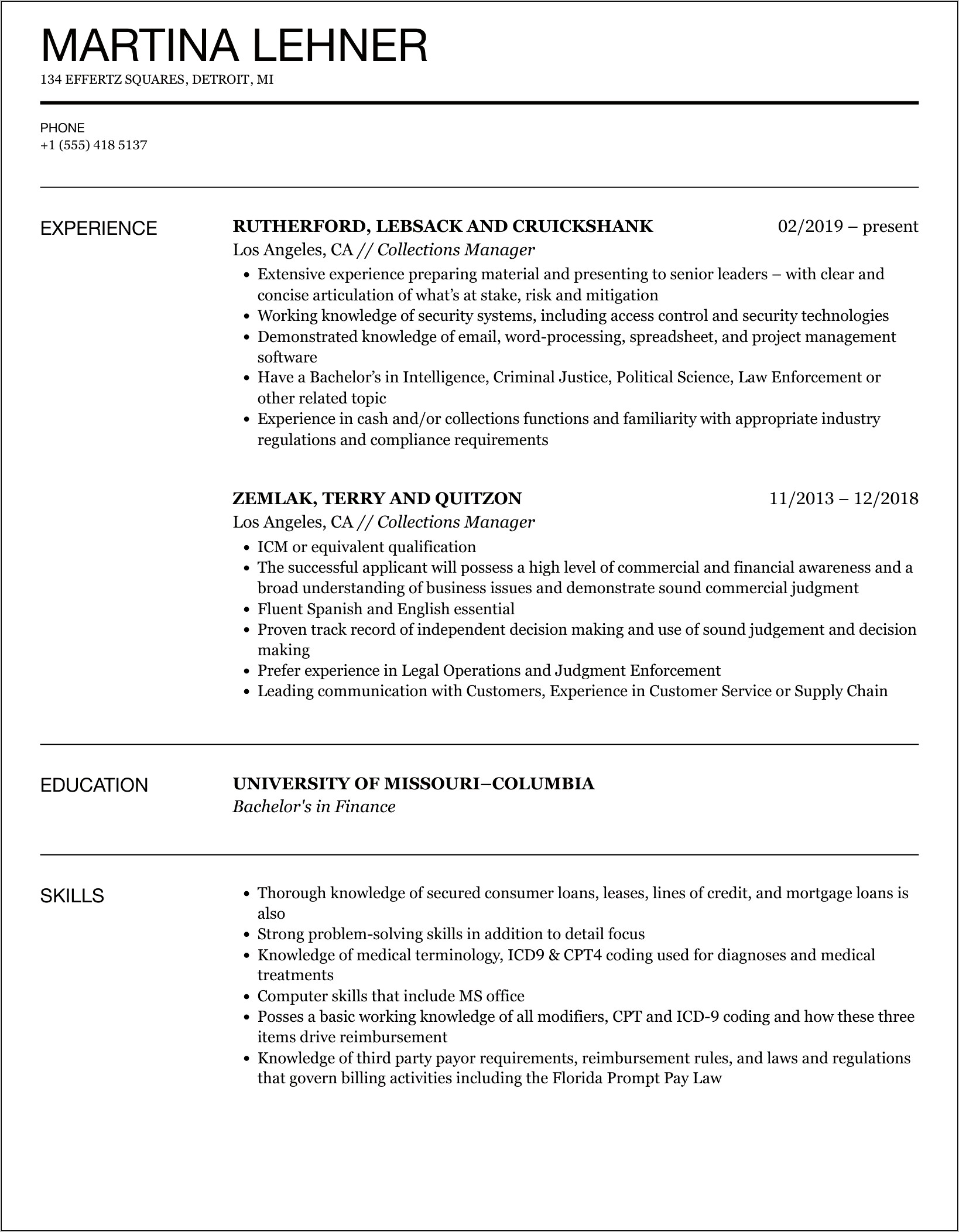 Example Of Collections Manager Resume