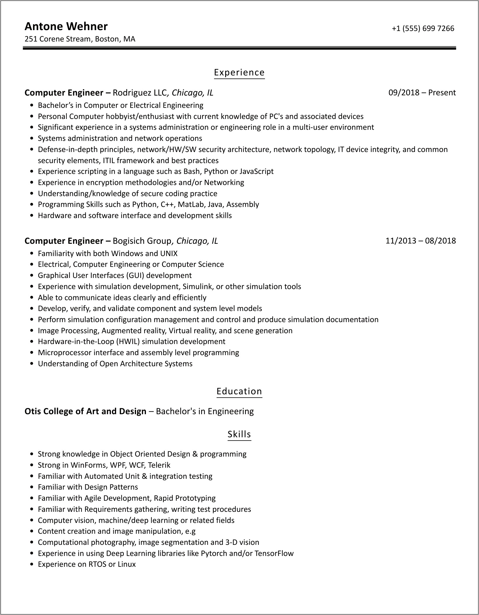 Example Of Computer Engineering Resume