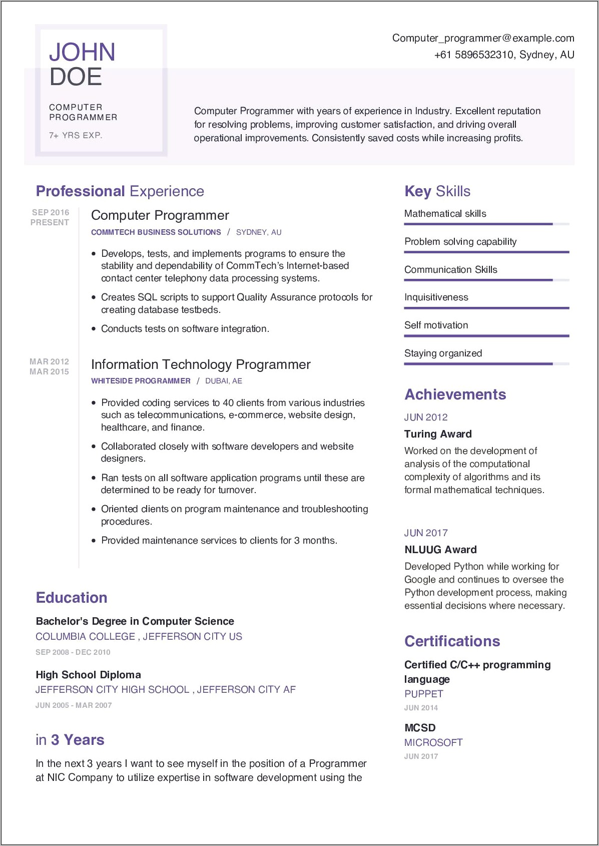 Example Of Computer Programming Resume