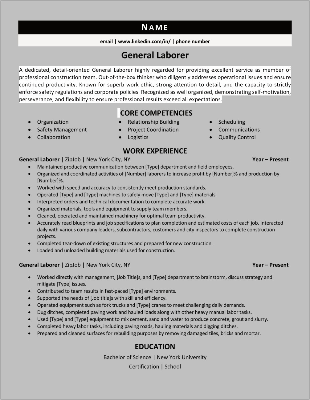 Example Of Construction Laborer Resume