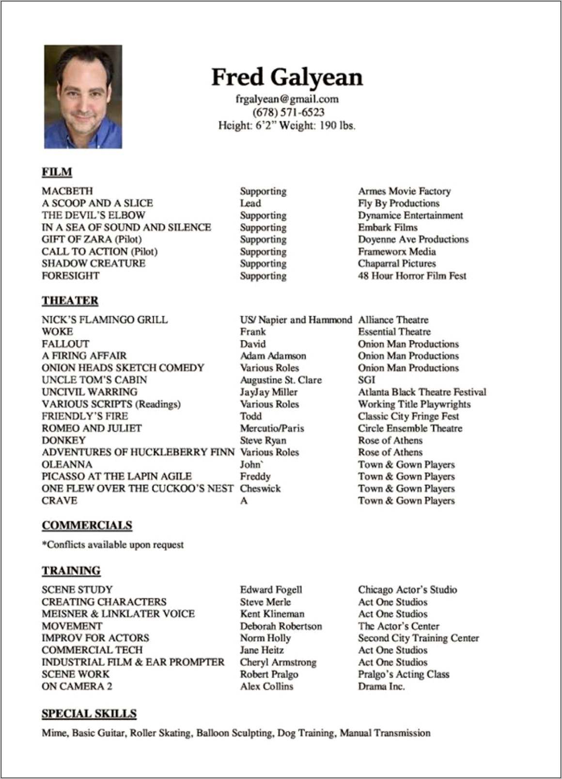Example Of Dance Audition Resume