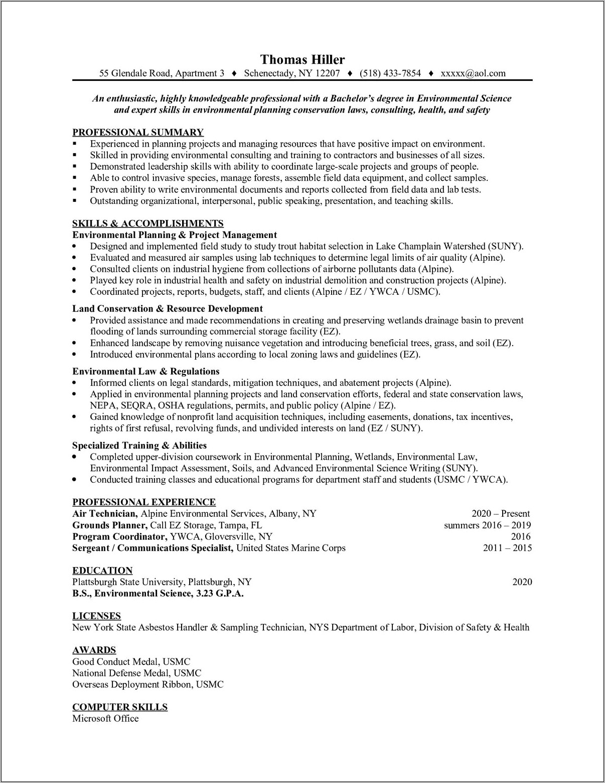 Example Of Environmental Science Resume