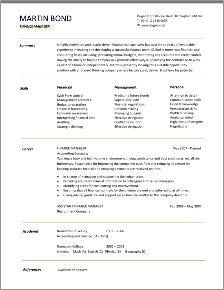 Example Of Finance Manager Resume