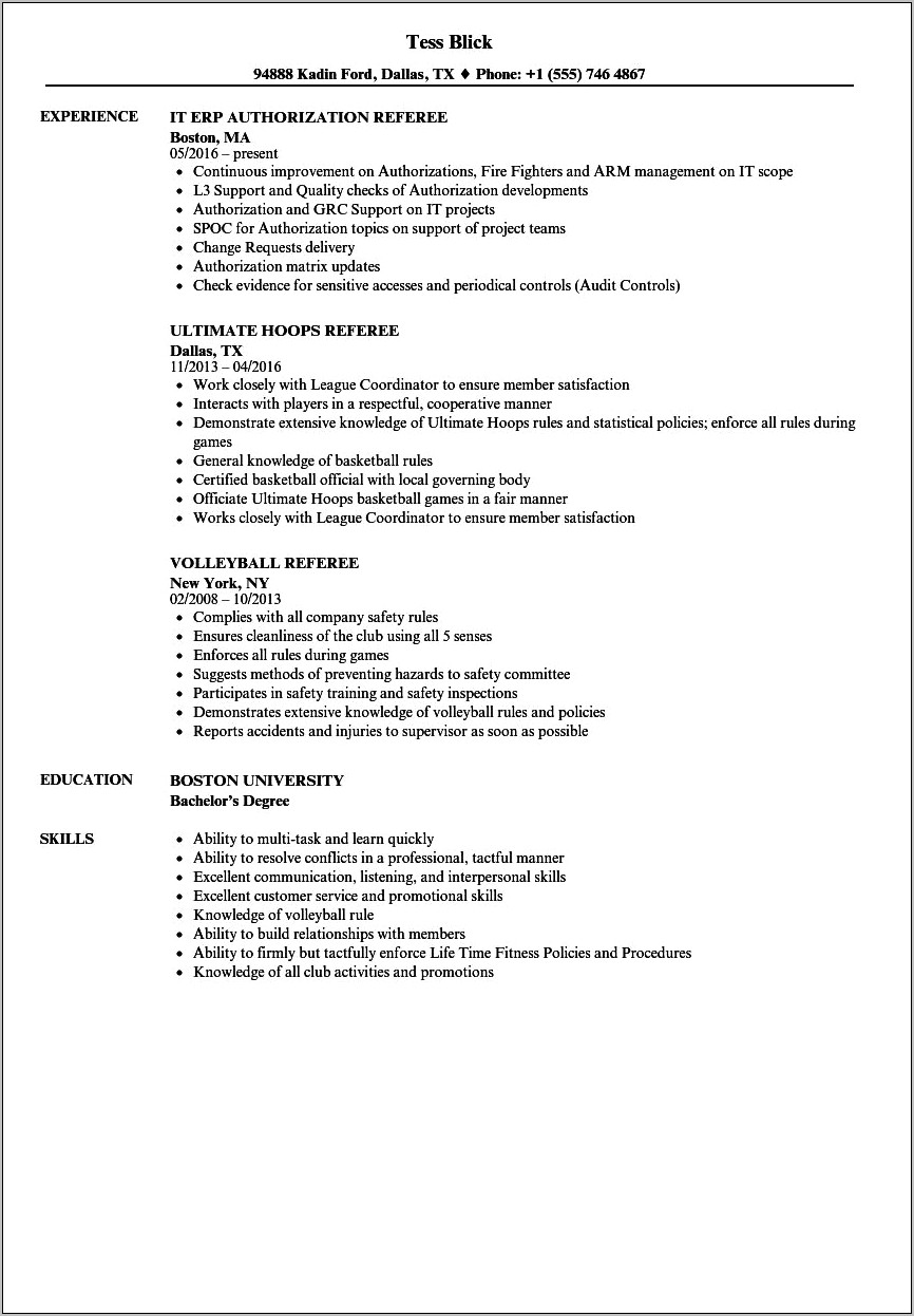 Example Of Football Officiating Resume