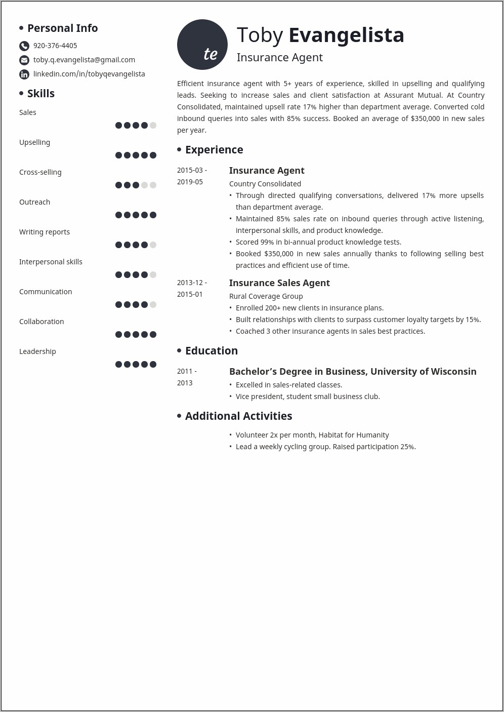 Example Of Insurance Agent Resume