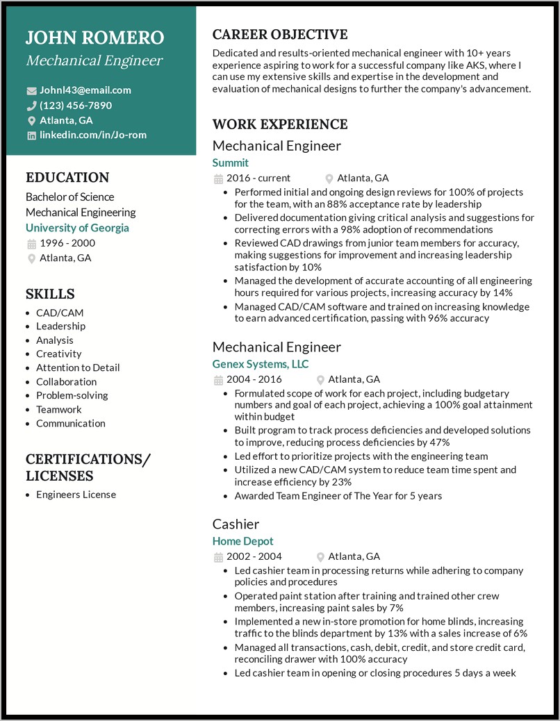 Example Of Manufacturing Engineer Resume