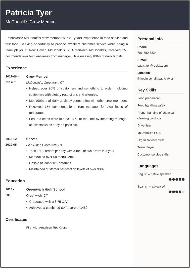Example Of Mcdonald's Resume