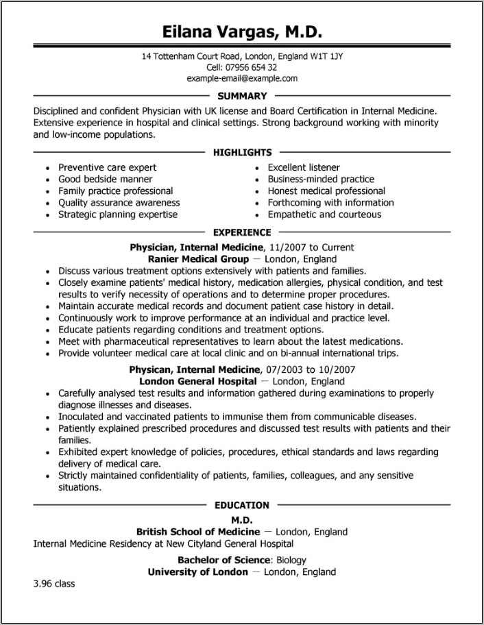Example Of Medical Doctor Resume