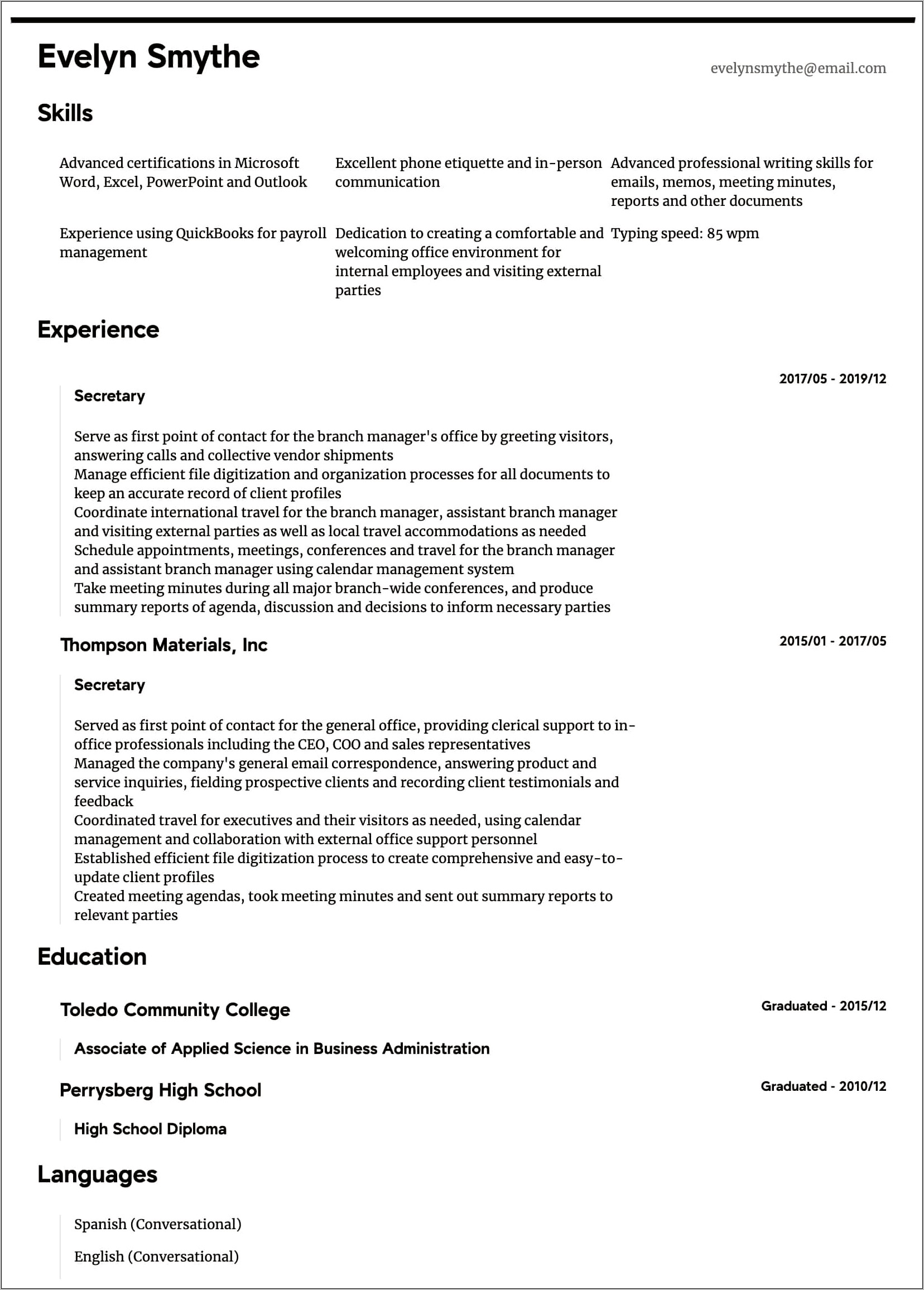Example Of Professional Secretary Resume