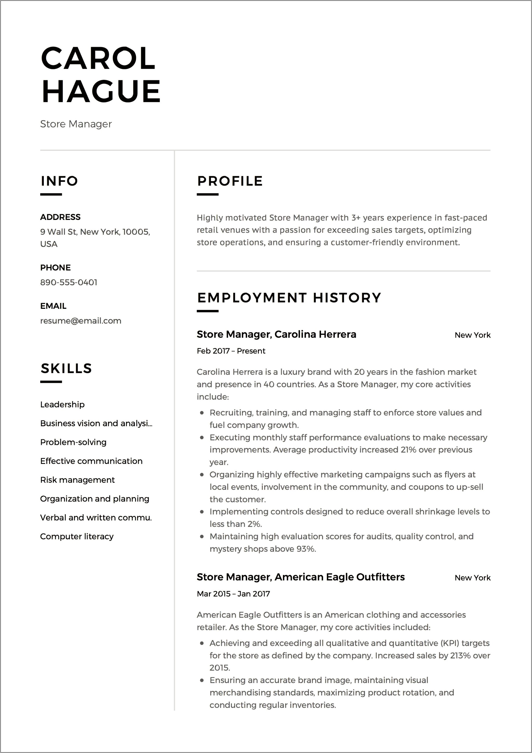 Example Of Resume 2017 Retail