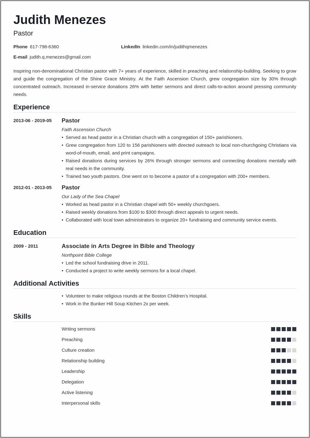 Example Of Resume For Pastor