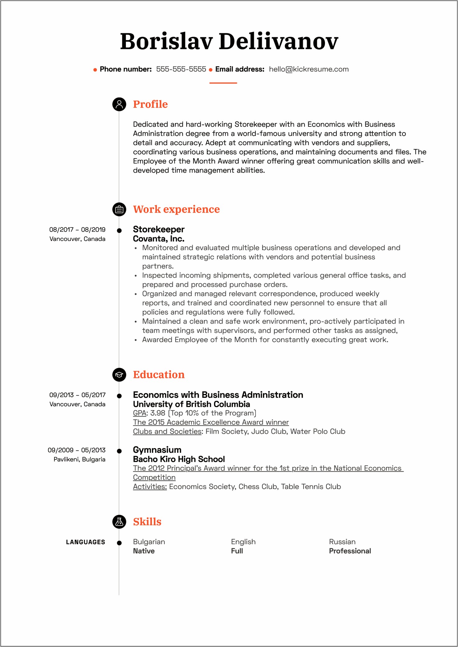 Example Of Resume For Storekeeper