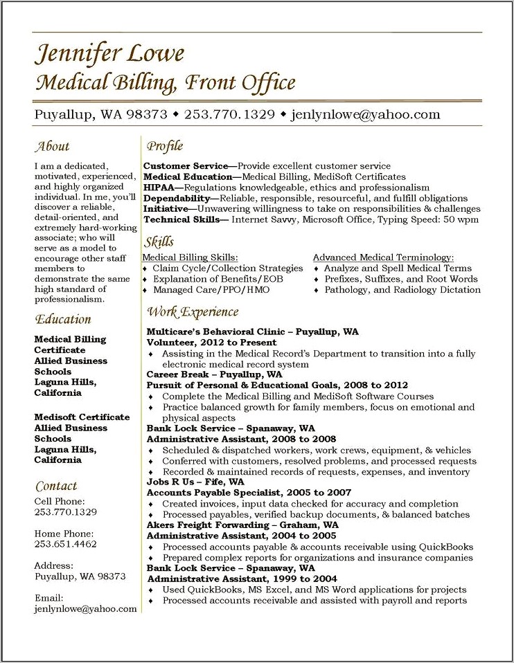 Example Of Resume Medical Billing