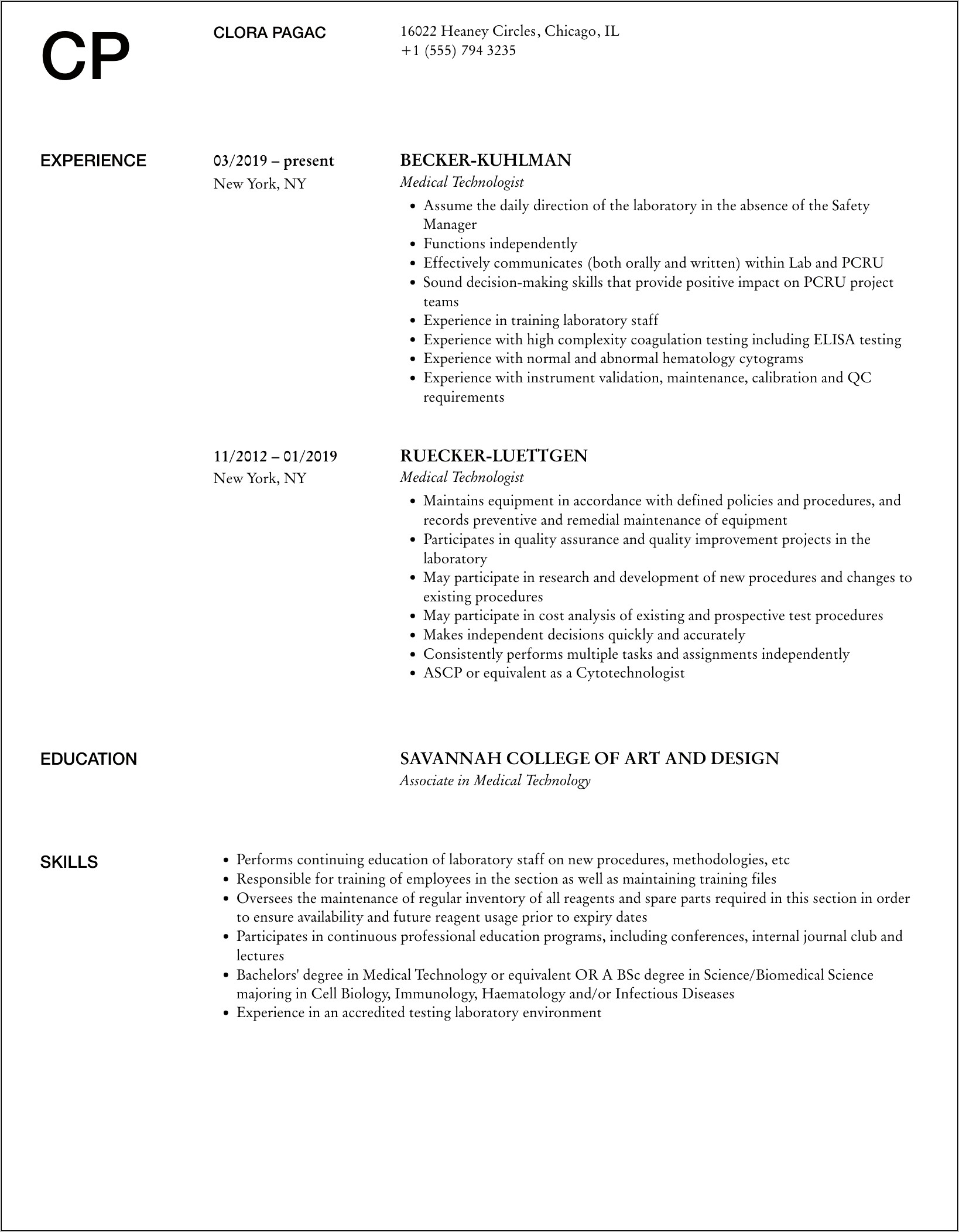 Example Of Resume Medical Technologist