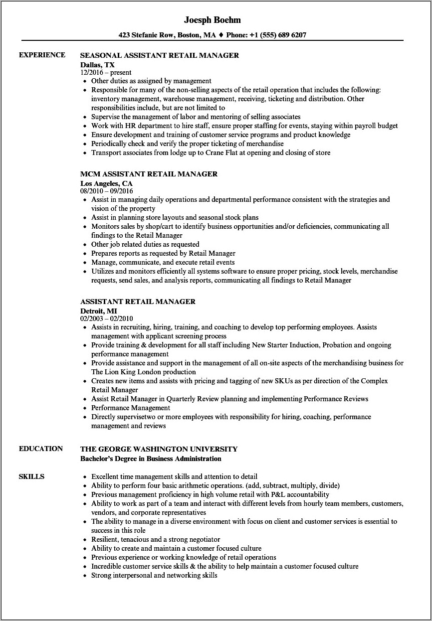 Example Of Retail Assistant Resume