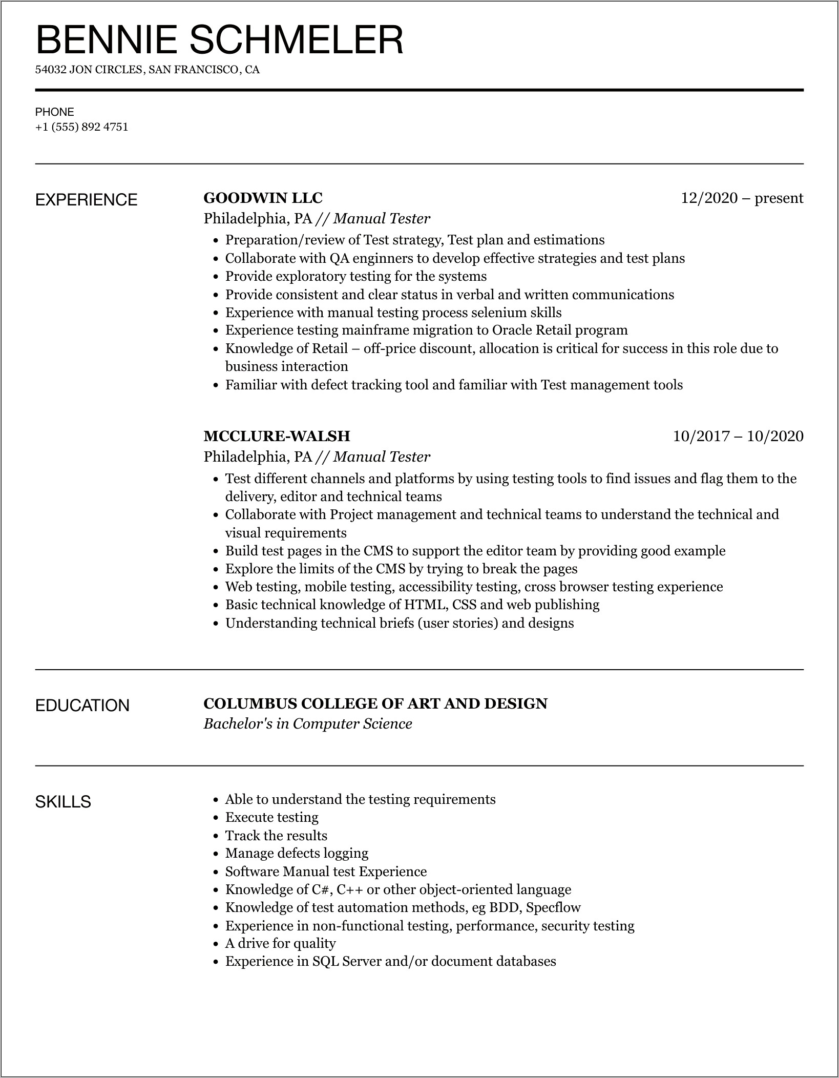 Example Of Software Testing Resume