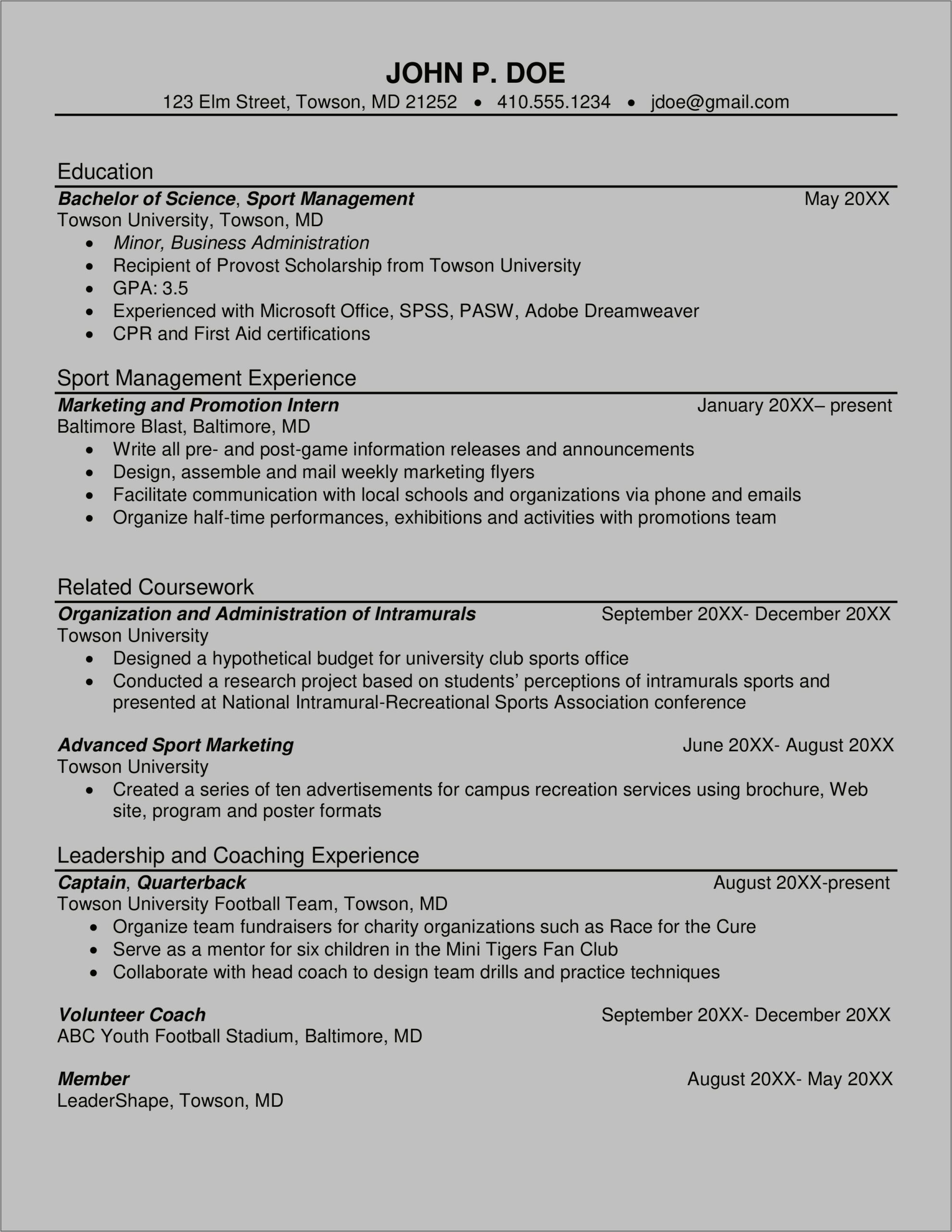 Example Of Sports Management Resume