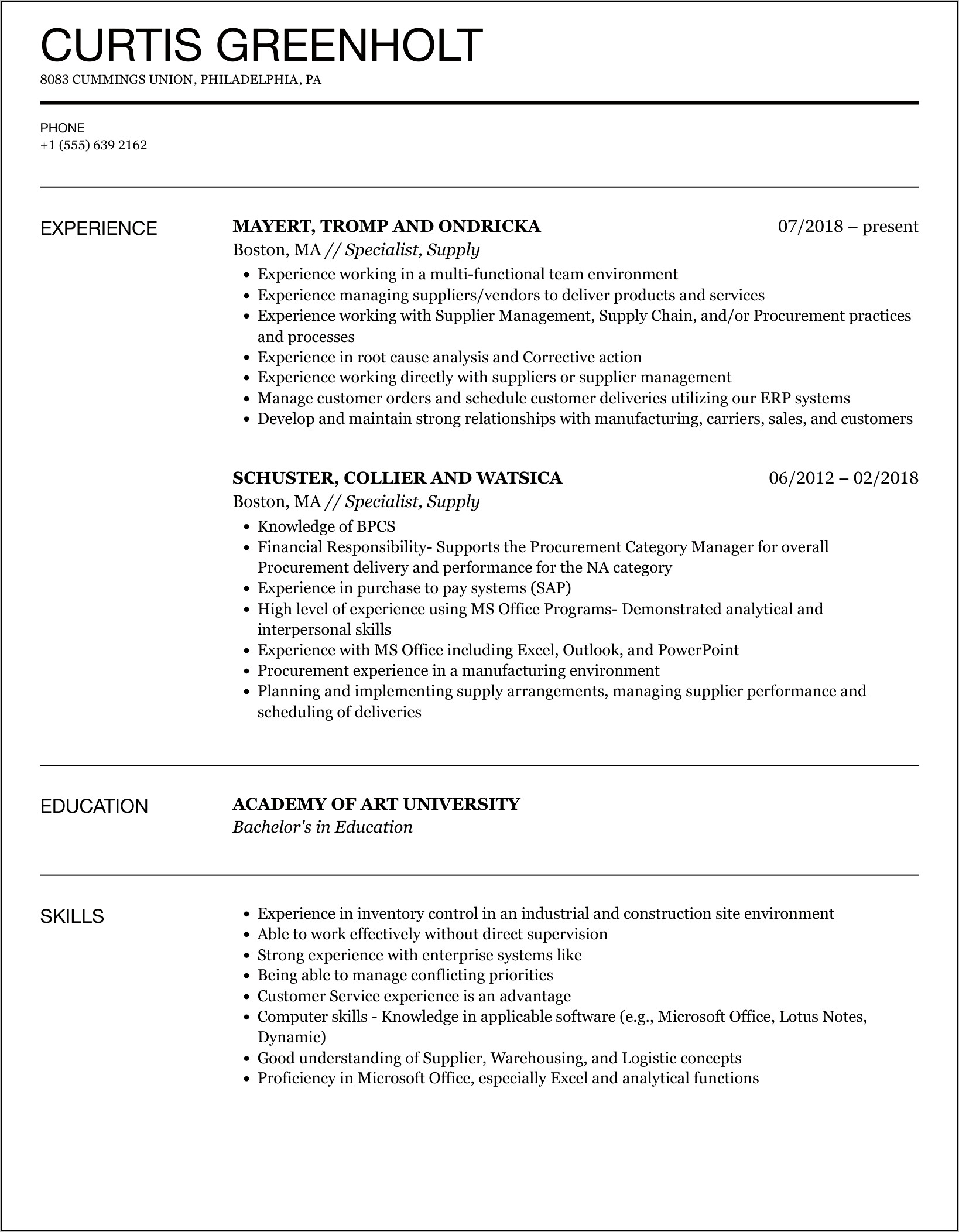 Example Of Supply Specialist Resume