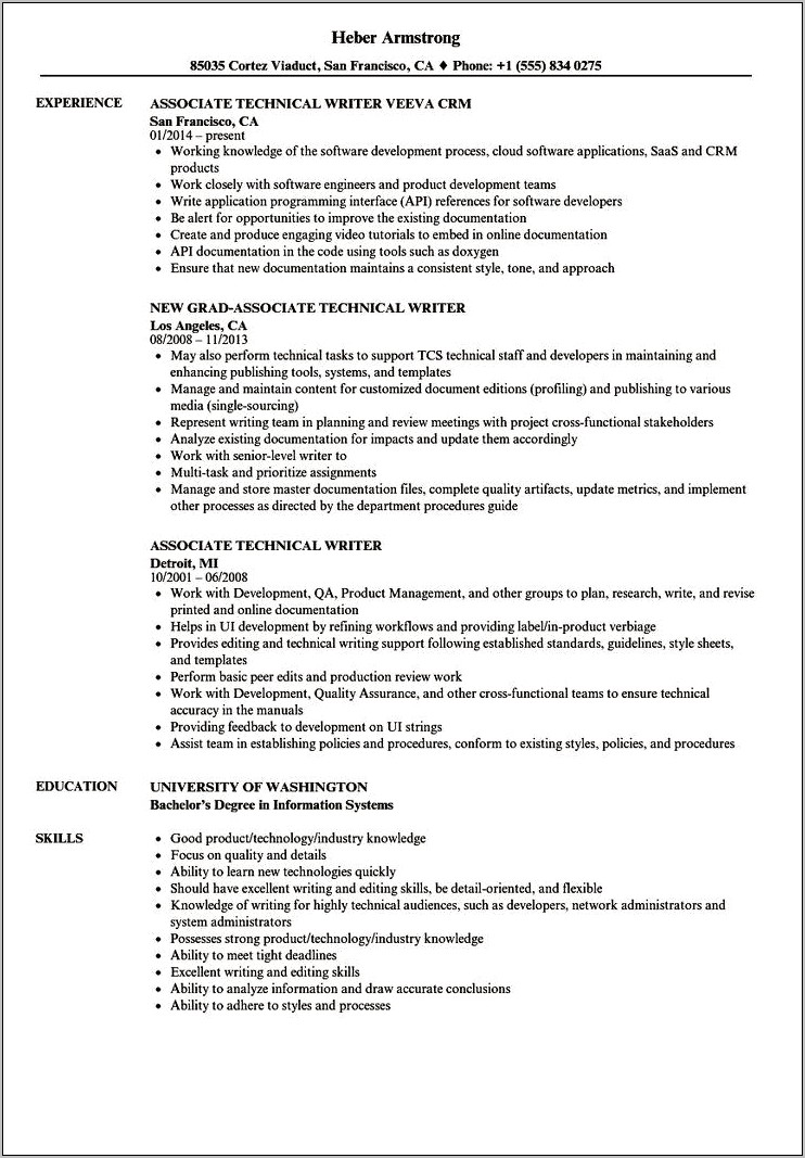 Example Of Technical Writer Resume