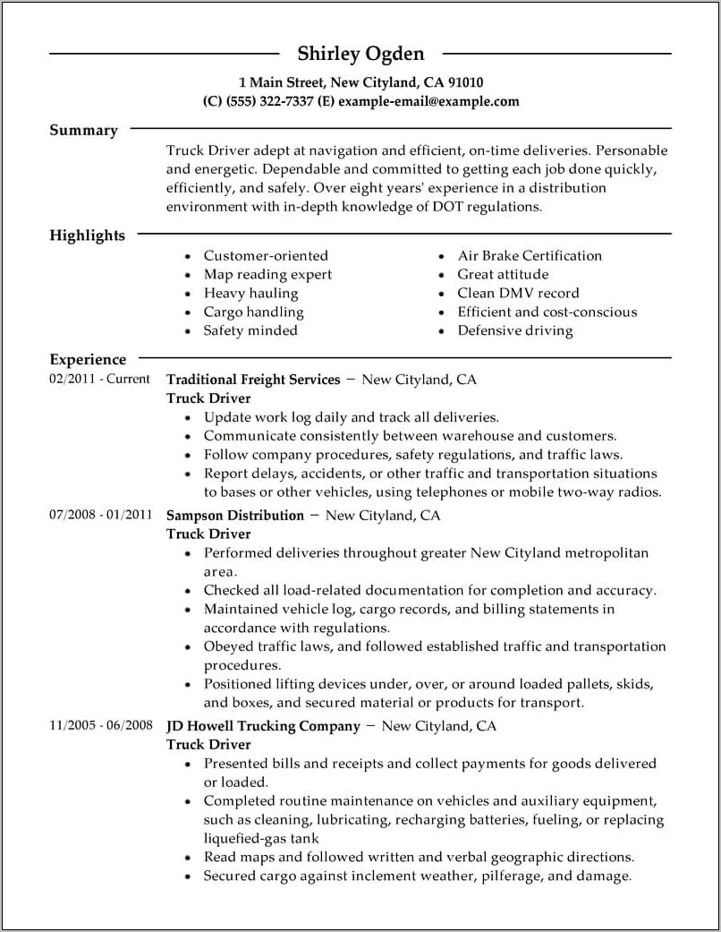 Example Of Truck Driving Resume