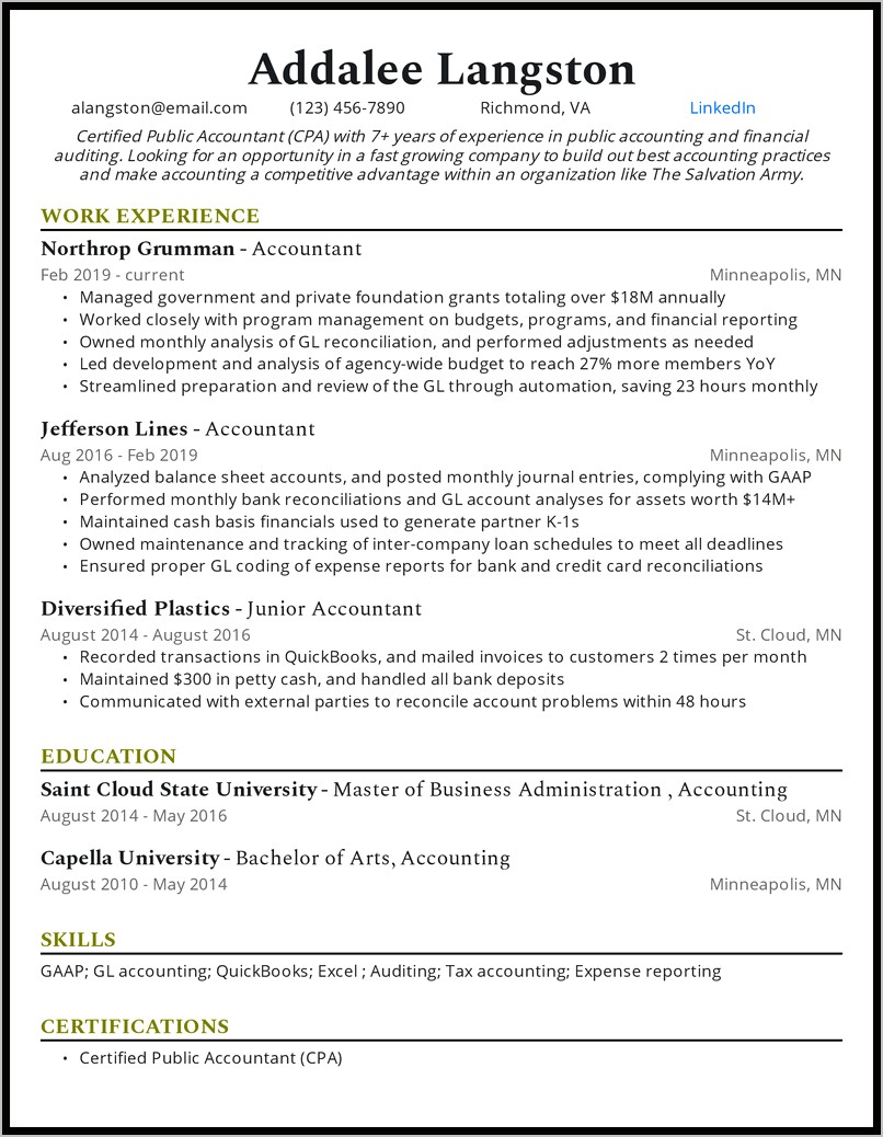 Example Profile Resume Intern Accounting
